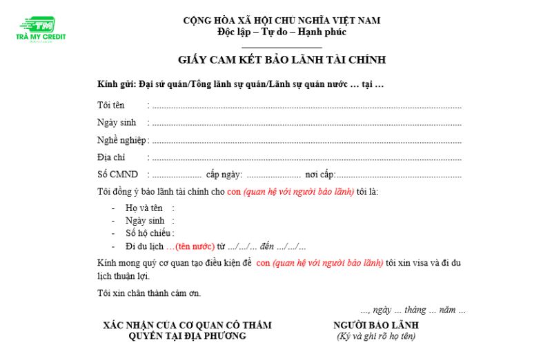 Mẫu giấy cam kết bảo lãnh tài chính